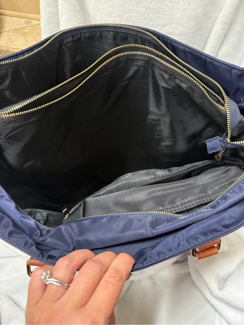 Navy Nylon Tote with Tan Handles